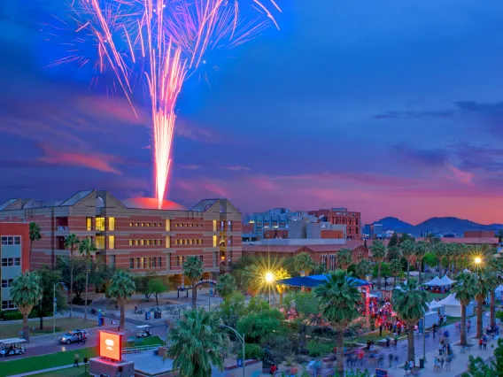 Fireworks off the roof of Koffler Building at sunset over the UA Mall to celebrate the launch of Arizona Now, the UA's capital fundraising campaign on April 11, 2014 Photographer Credit: J&L Photography