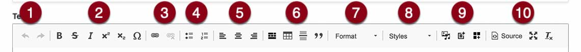 Image of our wysiwyg editor toolbar with numbers correlating to descriptions below