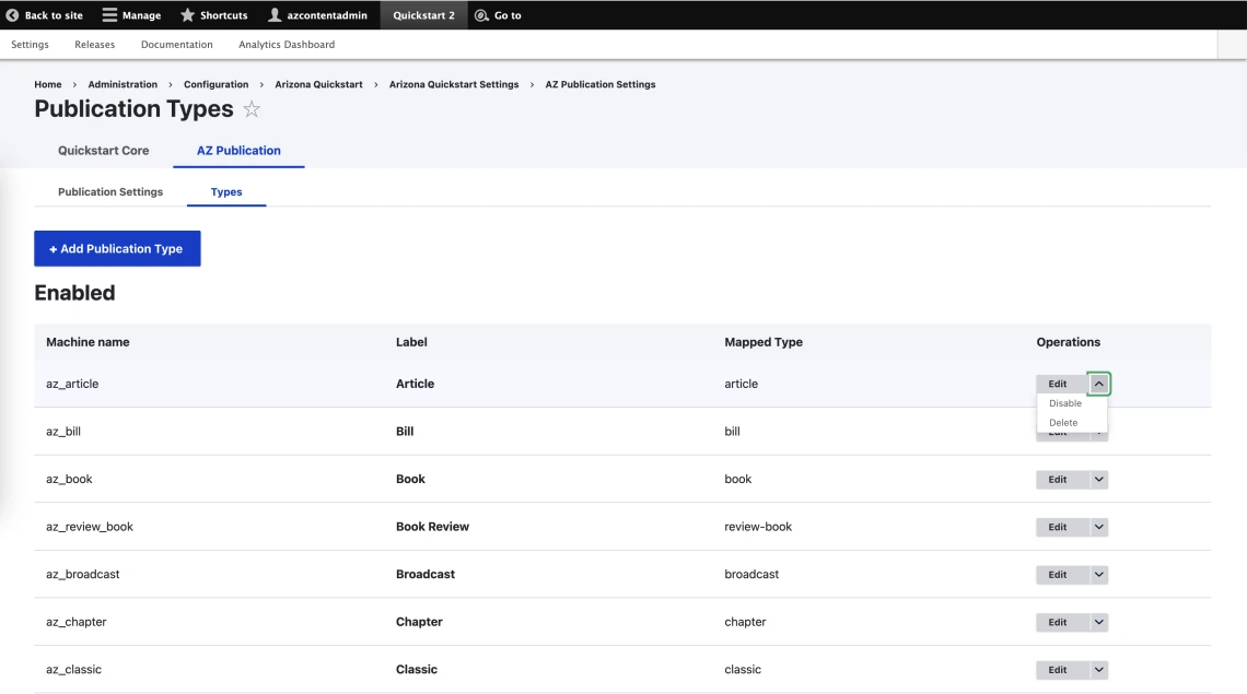 Publication types management UI, showing a listing of publication types, the operations links, and other CRUD operation links.