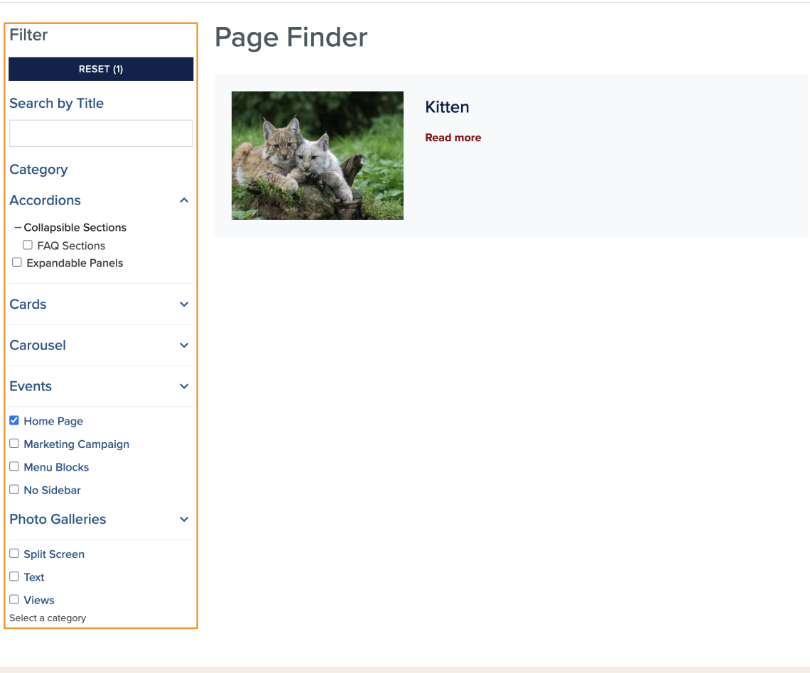 Screen shot of the finder functionality on display.  There is an array of checkboxes within collapsible elements on the left, and the search results on the right.