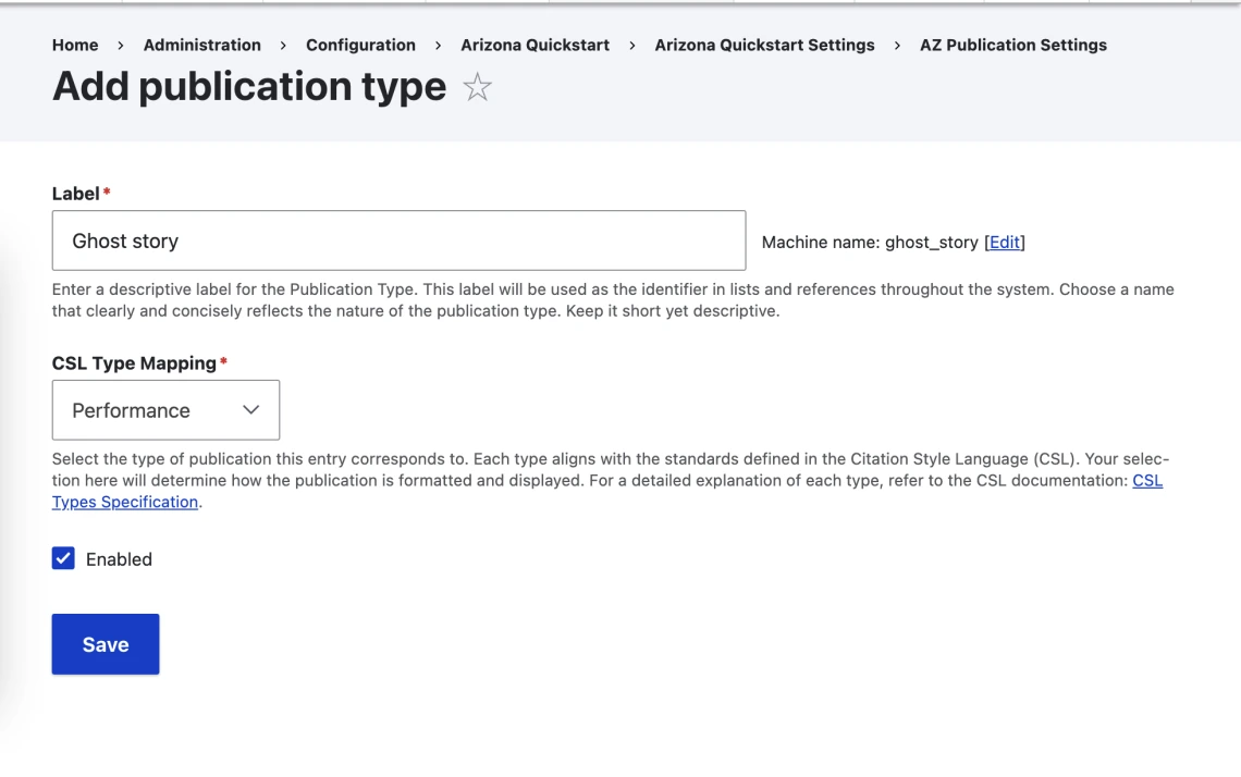 The add publication type form creating a new ghost story type and mapping it the the supported performance type.