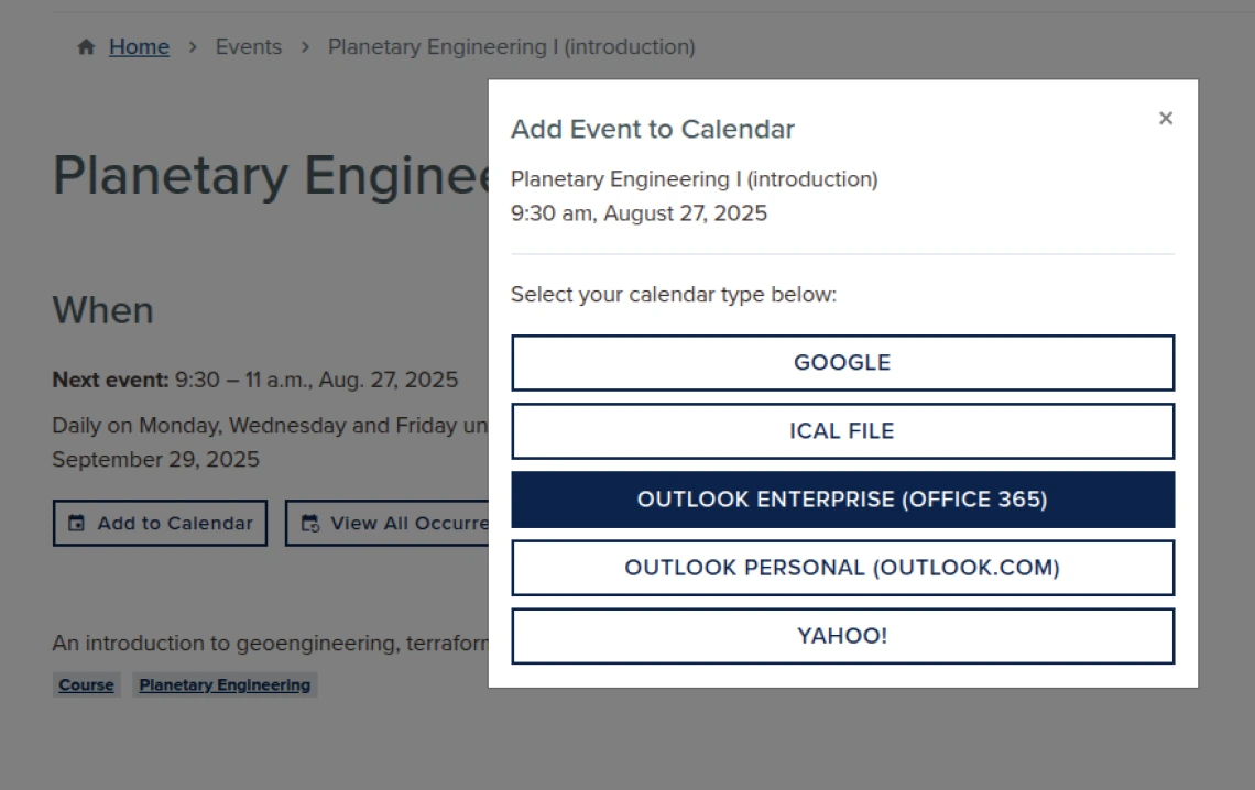 Demonstration of add to calendar modal