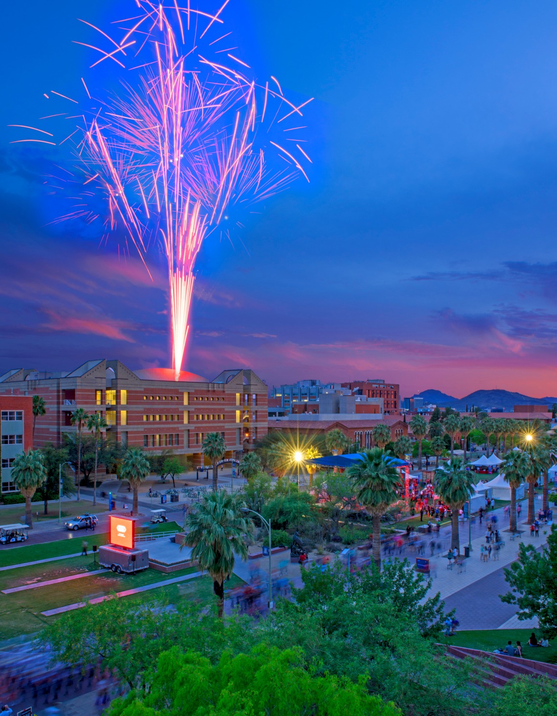 Fireworks off the roof of Koffler Building at sunset over the UA Mall to celebrate the launch of Arizona Now, the UA's capital fundraising campaign on April 11, 2014 Photographer Credit: J&L Photography
