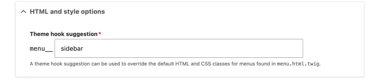 Menu Block Config Detail Showing placement of word "sidebar" under 'HTML and style options' section