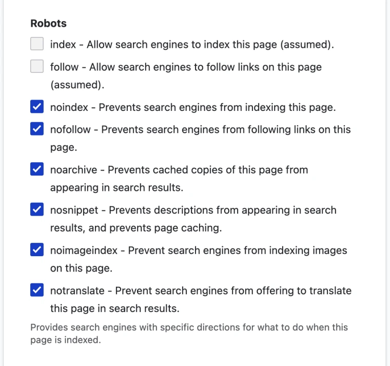 All the no robots options checked.