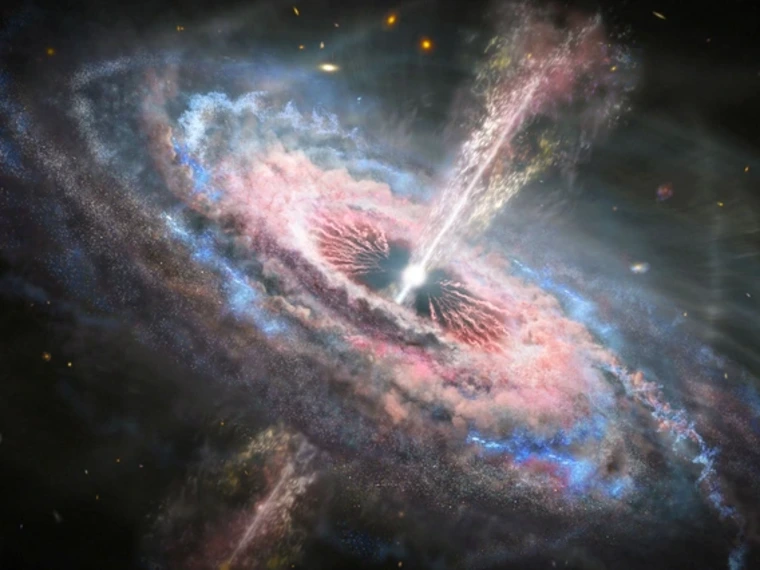 This artist's illustrations shows a spiral galaxy swirling around a bright ball of light at its center. Jets of gas and energy shoot out of the center in both directions perpendicular to the galaxy's disk. 