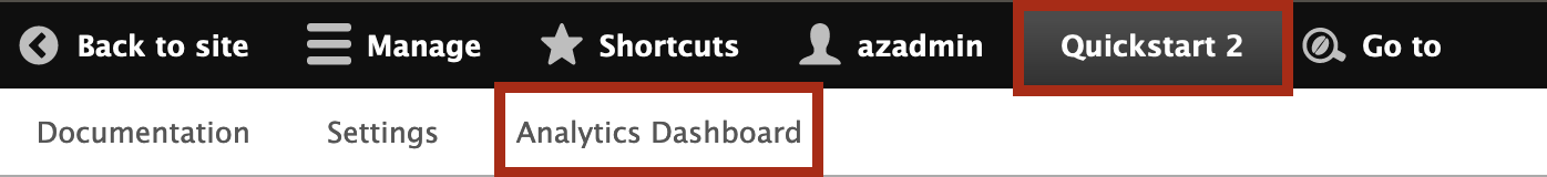 Screenshot of the admin toolbar highlighting the Analytics Dashboard link