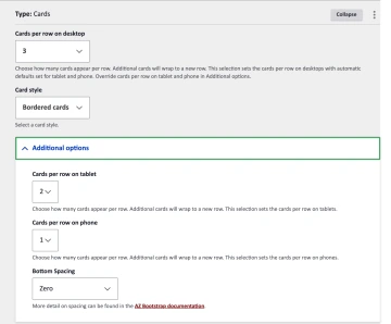 In the card deck settings, you can specify cards per row on desktop, tablet, and phone; bottom spacing, and border style.